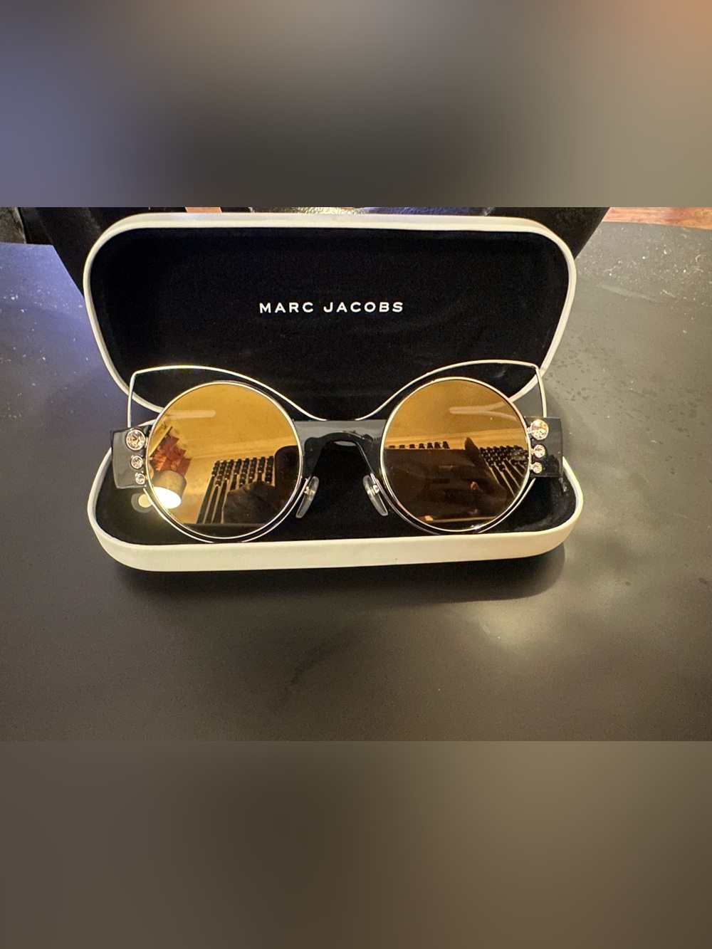Marc Jacobs Round lens, cateye frame Sunglasses in Black with Crystal Accents